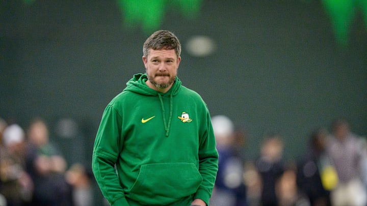 Oregon head coach Dan Lanning attends Oregon Pro Day on March 17, 2026, at the Moshofsky Center in Eugene, Oregon.