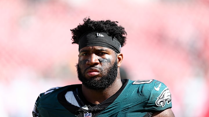 Sep 29, 2024; Tampa, Florida, USA; =Philadelphia Eagles defensive end Bryce Huff (0) looks on after a game against the Tampa Bay Buccaneers at Raymond James Stadium. Sep 29, 2024; Tampa, Florida, USA; =Philadelphia Eagles defensive end Bryce Huff (0) looks on after a game against the Tampa Bay Buccaneers at Raymond James Stadium.