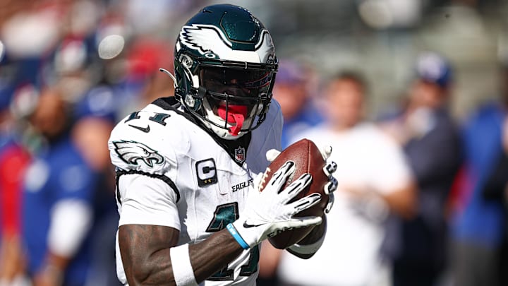 Oct 20, 2024; East Rutherford, New Jersey, USA; Philadelphia Eagles wide receiver A.J. Brown (11) catches the ball a touchdown pass during the first half against the New York Giants at MetLife Stadium. Mandatory Credit: Vincent Carchietta-Imagn Images