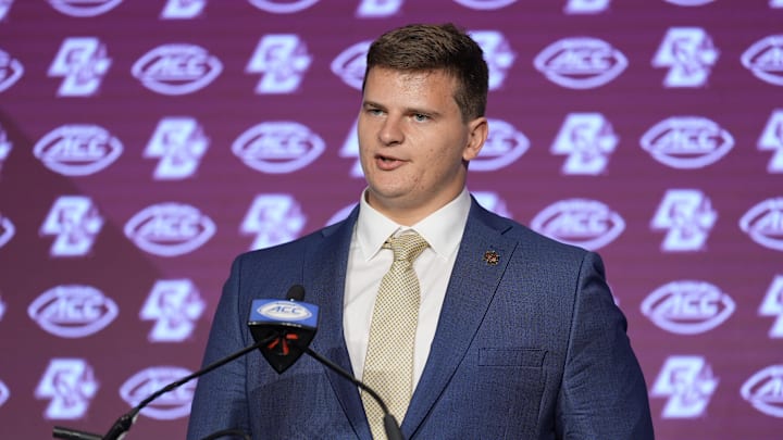Boston College Eagles offensive lineman Drew Kendall speaks to the media during the ACC Kickoff. Boston College Eagles offensive lineman Drew Kendall speaks to the media during the ACC Kickoff.