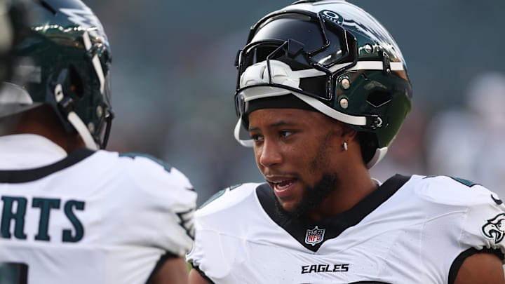 Aug 7, 2025; Philadelphia, Pennsylvania, USA; Philadelphia Eagles running back Saquon Barkley (26) before a game against the Cincinnati Bengals at Lincoln Financial Field. Mandatory Credit: Bill Streicher-Imagn Images
