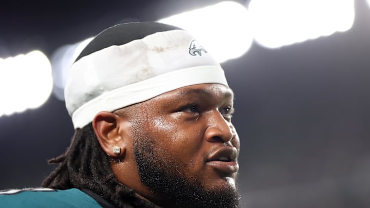 Sep 4, 2025; Philadelphia, Pennsylvania, USA; Philadelphia Eagles defensive tackle Jalen Carter (98) walks off the field after being ejected during the first quarter of the game against the Dallas Cowboys at Lincoln Financial Field. Mandatory Credit: Bill Streicher-Imagn Images