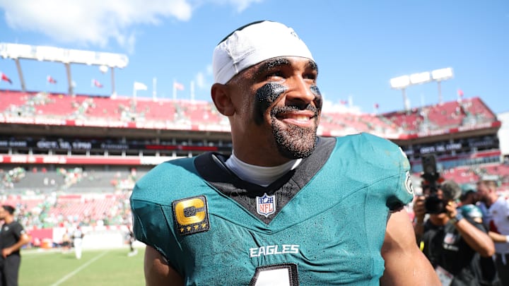 Sep 28, 2025; Tampa, Florida, USA; Philadelphia Eagles quarterback Jalen Hurts (1) smiles after the game against the Tampa Bay Buccaneers at Raymond James Stadium. Sep 28, 2025; Tampa, Florida, USA; Philadelphia Eagles quarterback Jalen Hurts (1) smiles after the game against the Tampa Bay Buccaneers at Raymond James Stadium.