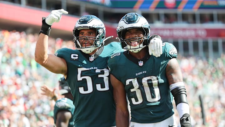 Sep 28, 2025; Tampa, Florida, USA; Philadelphia Eagles linebacker Jihaad Campbell (30) celebrates an interception with linebacker Zack Baun (53) during the second half against the Tampa Bay Buccaneers at Raymond James Stadium. Mandatory Credit: Kim Klement Neitzel-Imagn Images Sep 28, 2025; Tampa, Florida, USA; Philadelphia Eagles linebacker Jihaad Campbell (30) celebrates an interception with linebacker Zack Baun (53) during the second half against the Tampa Bay Buccaneers at Raymond James Stadium. Mandatory Credit: Kim Klement Neitzel-Imagn Images