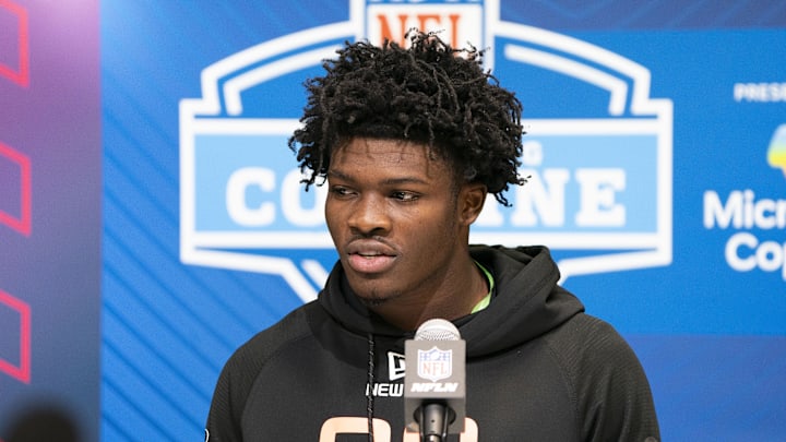 SMU running back Brashard Smith (RB29) talks to the press during the 2025 NFL Combine at Indiana Convention Center. SMU running back Brashard Smith (RB29) talks to the press during the 2025 NFL Combine at Indiana Convention Center.