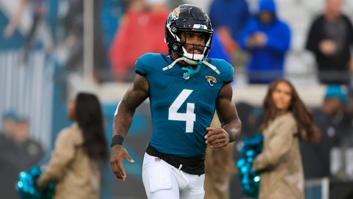 Jacksonville Jaguars running back Tank Bigsby (4) runs on the field before an NFL football matchup Sunday, Dec. 29, 2024 at EverBank Stadium in Jacksonville, Fla. The Jaguars held off the Titans 20-13. 