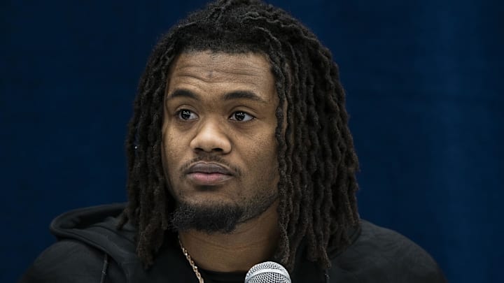 Former Texas running back Jaydon Blue (RB03) talks to the press during the 2025 NFL Combine at Indiana Convention Center. 