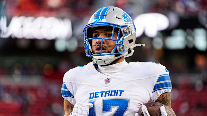 Detroit Lions wide receiver Tim Patrick (17) warms up before the game between San Francisco 49ers and Detroit Lions at Levi's Stadium in Santa Clara, Calif. on Monday, Dec. 30, 2024.