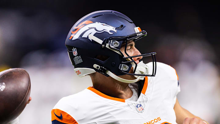 Denver Broncos quarterback Bo Nix (10) works on passing drills during warmups before the game against the New Orleans Saints at Caesars Superdome. Denver Broncos quarterback Bo Nix (10) works on passing drills during warmups before the game against the New Orleans Saints at Caesars Superdome.