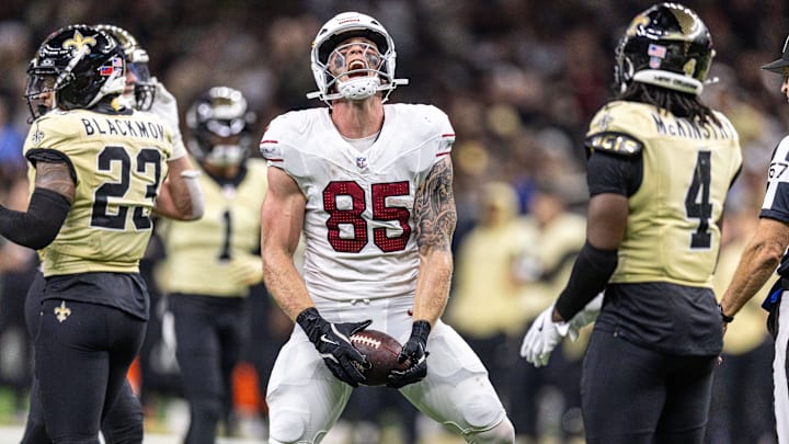 Arizona Cardinals tight end Trey McBride (85) reacts to making first down against New Orleans Saints cornerback Kool-Aid McKinstry (4) during the first half at Caesars Superdome. 