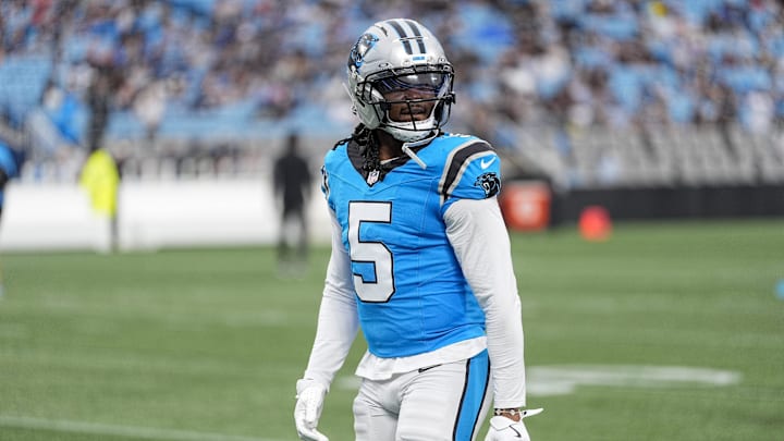 Aug 2, 2025; Charlottle, NC, USA; Carolina Panthers running back Rico Dowdle (5) during Fanfest at Bank of America Stadium. 