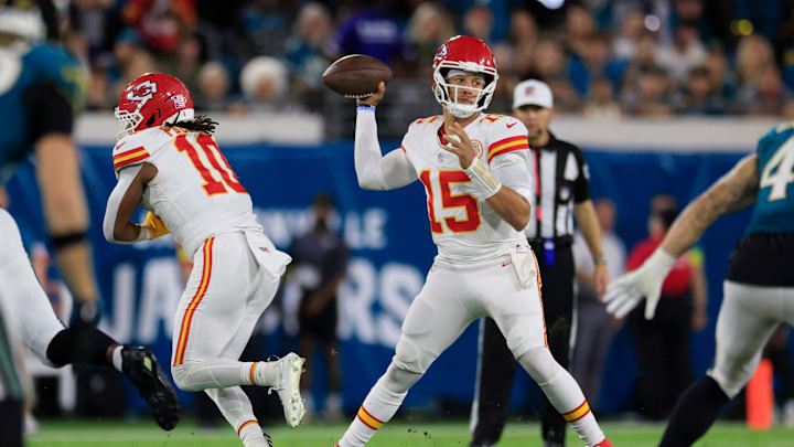Kansas City Chiefs quarterback Patrick Mahomes (15) looks to pass during the first quarter of an NFL football matchup at EverBank Stadium, Monday, Oct. 6, 2025, in Jacksonville, Fla. The Jacksonville Jaguars edged the Kansas City Chiefs 31-28. [Corey Perrine/Florida Times-Union]