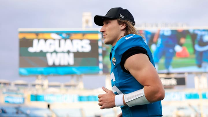 Jacksonville Jaguars quarterback Trevor Lawrence (16) runs off the field after the game of an NFL football matchup at EverBank Stadium, Sunday, Dec. 14, 2025, in Jacksonville, Fla. The Jaguars defeated the Jets 48-20.