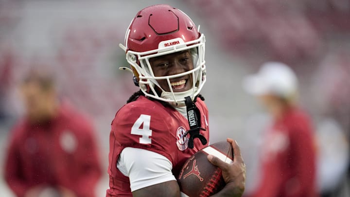 Oklahoma Sooners wide receiver Deion Burks (4) warms up before a college football game between the University of Oklahoma Sooners (OU) and the Ole Miss Rebels at Gaylord Family Ð Oklahoma Memorial Stadium in Norman, Okla., Saturday, Oct. 25, 2025.