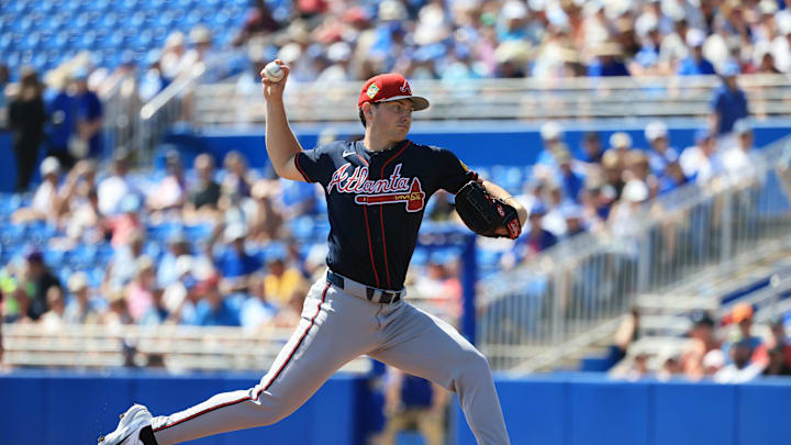 Mar 10, 2026; Dunedin, Florida, USA; Atlanta Braves starting pitcher JR Ritchie (92) throws a pitch during the first inning against the Toronto Blue Jays  at TD Ballpark. 
