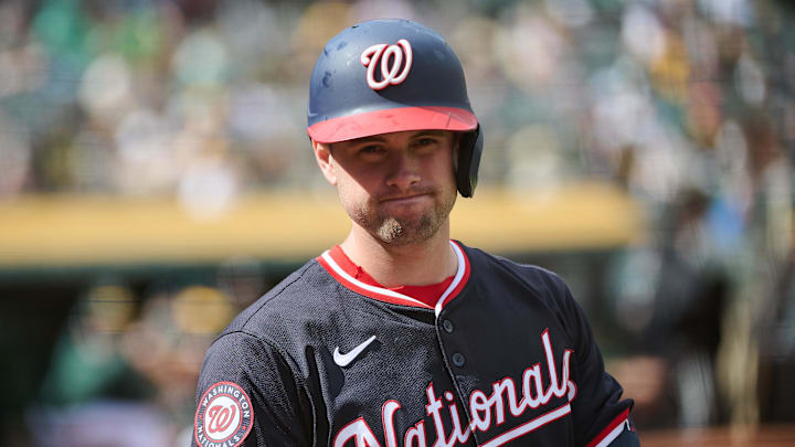 Apr 14, 2024; Oakland, California, USA; Washington Nationals outfielder Lane Thomas (28)