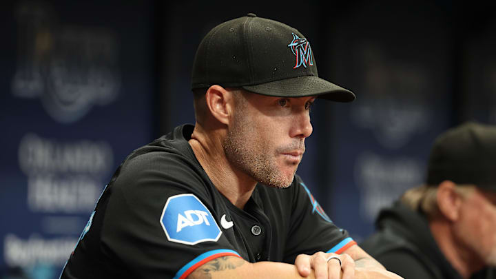 Miami Marlins manager Skip Schumaker (45) looks on against the Tampa Bay Rays during the first inning at Tropicana Field on July 30.