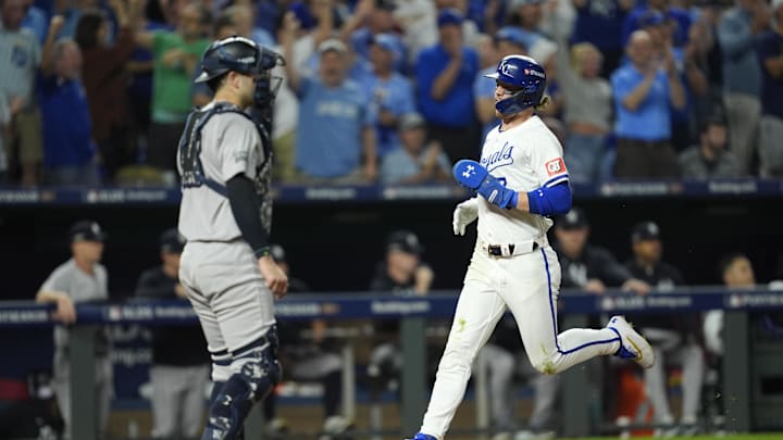 Kansas City Royals shortstop Bobby Witt Jr. (7) scores during the sixth inning against the New York Yankees during game four of the ALDS for the 2024 MLB Playoffs at Kauffman Stadium on Oct 10. Kansas City Royals shortstop Bobby Witt Jr. (7) scores during the sixth inning against the New York Yankees during game four of the ALDS for the 2024 MLB Playoffs at Kauffman Stadium on Oct 10.
