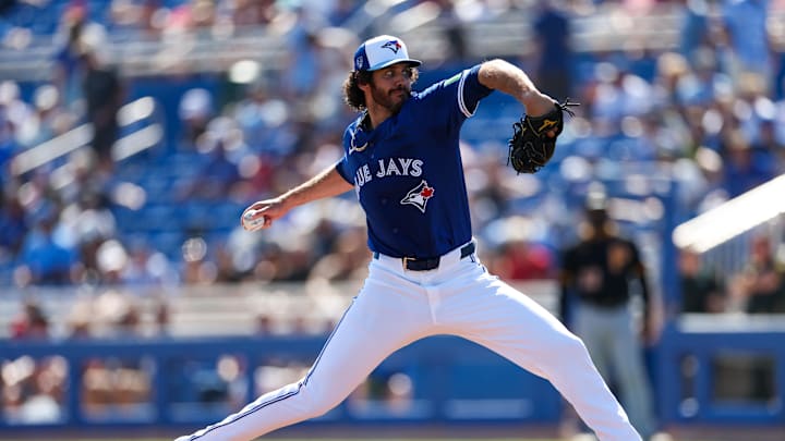 Toronto Blue Jays relief pitcher Jordan Romano (68) throws a pitch against the Pittsburgh Pirates in the fifth inning at TD Ballpark on Feb 26. Toronto Blue Jays relief pitcher Jordan Romano (68) throws a pitch against the Pittsburgh Pirates in the fifth inning at TD Ballpark on Feb 26.