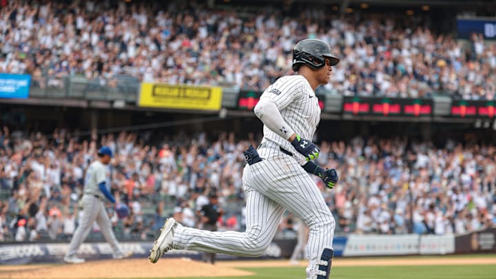 New York Yankees right fielder Juan Soto (22) runs the bases after hitting a solo home run during the seventh inning against Toronto Blue Jays relief pitcher Genesis Cabrera (92) at Yankee Stadium on Aug 4.