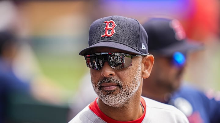 Boston Red Sox manager Alex Cora (13) shown in the dugout before the game against the Atlanta Braves at Truist Park on June 1.