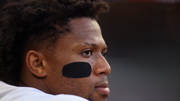 Atlanta Braves right fielder Ronald Acuna Jr. (13) in the dugout against the New York Mets in the fourth inning at Truist Park on June 19. Atlanta Braves right fielder Ronald Acuna Jr. (13) in the dugout against the New York Mets in the fourth inning at Truist Park on June 19.