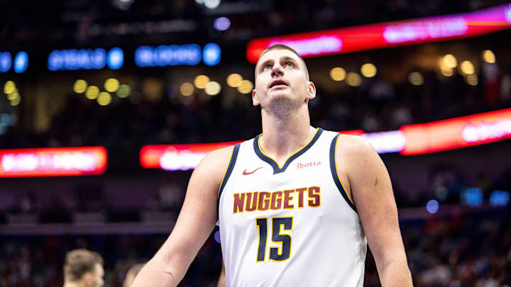 Nov 17, 2023; New Orleans, Louisiana, USA;  Denver Nuggets center Nikola Jokic (15) looks on against the New Orleans Pelicans during the second half at the Smoothie King Center. Mandatory Credit: Stephen Lew-Imagn Images