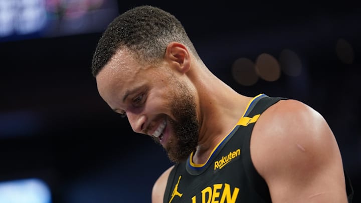 Nov 12, 2024; San Francisco, California, USA; Golden State Warriors guard Stephen Curry (30) smiles after missing a shot against the Dallas Mavericks in the third quarter at the Chase Center. Mandatory Credit: Cary Edmondson-Imagn Images Nov 12, 2024; San Francisco, California, USA; Golden State Warriors guard Stephen Curry (30) smiles after missing a shot against the Dallas Mavericks in the third quarter at the Chase Center. Mandatory Credit: Cary Edmondson-Imagn Images
