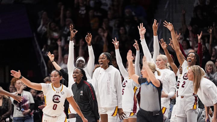 Nov 10, 2024; Charlotte, NC, USA; South Carolina Gamecocks bench reacts to a three point play against the NC State Wolfpack during the second half at Spectrum Center. Mandatory Credit: Jim Dedmon-Imagn Images