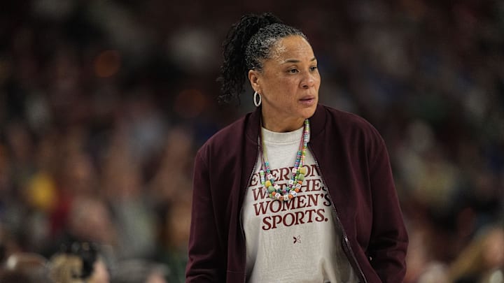Mar 8, 2025; Greenville, SC, USA; South Carolina Gamecocks head coach Dawn Staley during the second half against the Oklahoma Sooners at Bon Secours Wellness Arena. Mandatory Credit: Jim Dedmon-Imagn Images