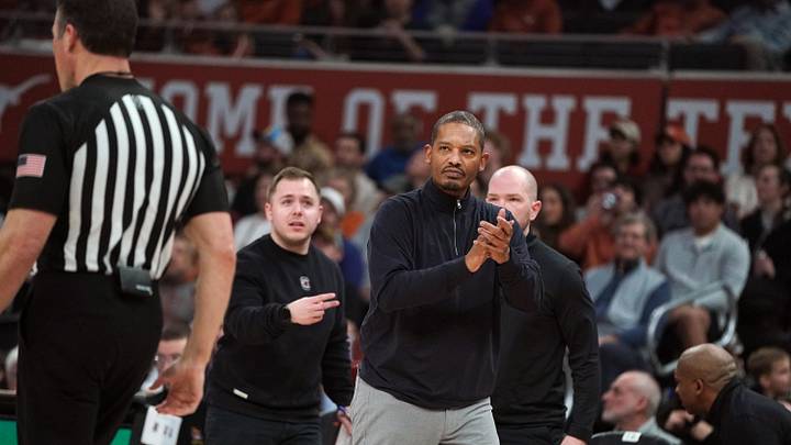 Feb 3, 2026; Austin, Texas, USA; South Carolina Gamecocks head coach Lamont Paris reacts to a referee call during the first half against the Texas Longhorns at Moody Center. Mandatory Credit: Dustin Safranek-Imagn Images
