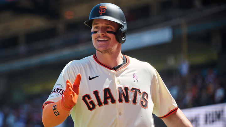 May 12, 2024; San Francisco, California, USA; San Francisco Giants infielder Matt Chapman (26) reacts after scoring a run against the Cincinnati Reds during the fifth inning at Oracle Park