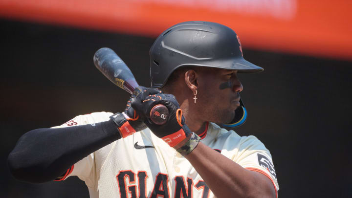 Jul 28, 2024; San Francisco, California, USA; San Francisco Giants designated hitter Jorge Soler (2) bats against the Colorado Rockies during the fourth inning at Oracle Park. Jul 28, 2024; San Francisco, California, USA; San Francisco Giants designated hitter Jorge Soler (2) bats against the Colorado Rockies during the fourth inning at Oracle Park.