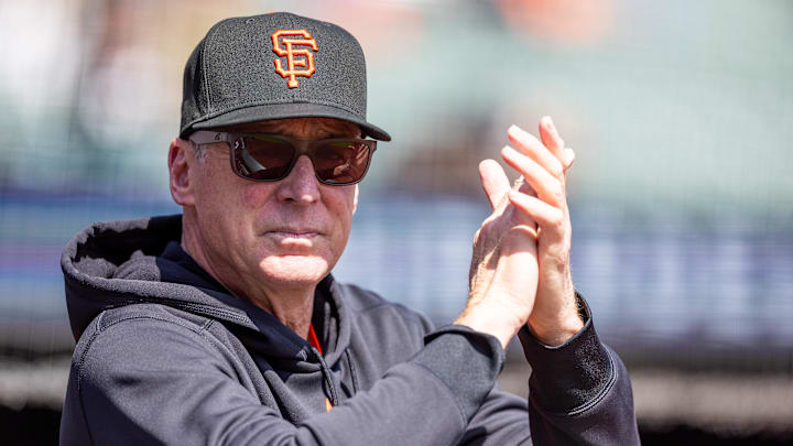 Sep 15, 2024; San Francisco, California, USA; San Francisco Giants manager Bob Melvin applauds at the celebration of life ceremony for Orlando Cepeda before the MLB game between the San Diego Padres and San Francisco Giants at Oracle Park. 