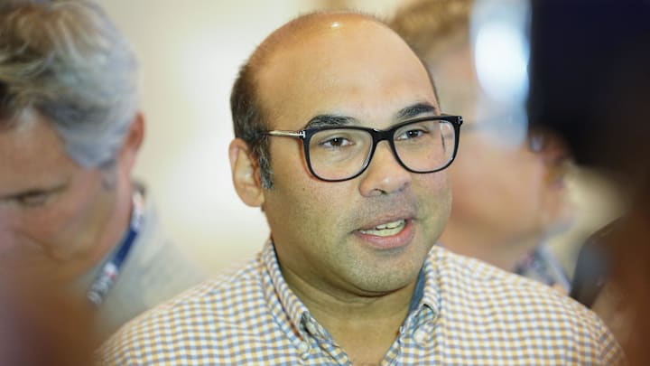 Nov 9, 2022; Las Vegas, NV, USA; San Francisco Giants president of baseball operations Farhan Zaidi answers questions from the media during the MLB GM Meetings at The Conrad Las Vegas