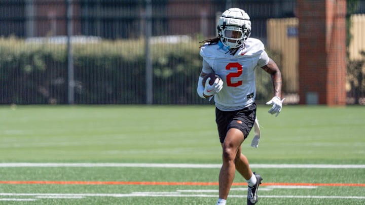Korie Black (2) runs drills during an Oklahoma State football practice in Stillwater, Okla., on Wednesday, July 31, 2024. Korie Black (2) runs drills during an Oklahoma State football practice in Stillwater, Okla., on Wednesday, July 31, 2024.
