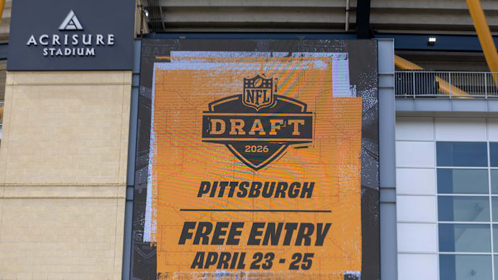 An advertisment for the 2026 NFL Draft is displayed on a video board outside Acrisure Stadium, Wednesday, March 25, 2026 in Pittsburgh, Pa.