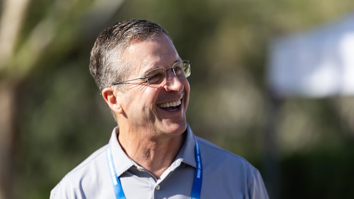 Mar 30, 2026; Phoenix, AZ, USA; New York Giants head coach John Harbaugh during the 2026 NFL Annual League Meeting at the Arizona Biltmore. Mandatory Credit: Mark J. Rebilas-Imagn Images