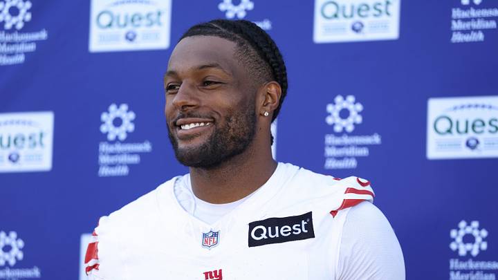 Jun 9, 2026; East Rutherford, NJ, USA; New York Giants linebacker Kayvon Thibodeaux (5) answers questions from the press after the minicamp activities at Quest Diagnostics Center.  
