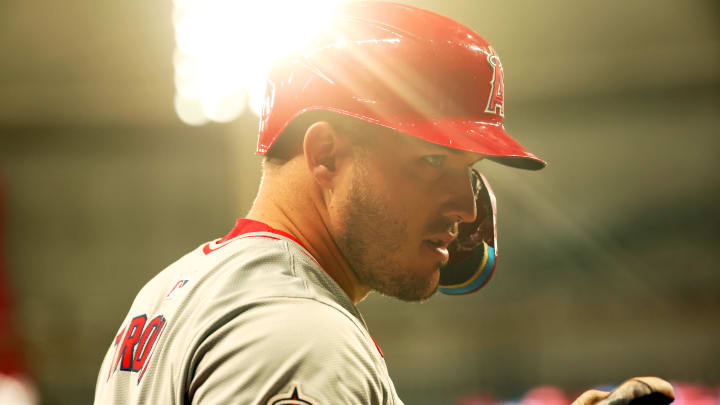 Apr 16, 2024; St. Petersburg, Florida, USA; Los Angeles Angels outfielder Mike Trout (27) on deck to bat against the Tampa Bay Rays during the fourth inning at Tropicana Field. Mandatory Credit: Kim Klement Neitzel-USA TODAY Sports Apr 16, 2024; St. Petersburg, Florida, USA; Los Angeles Angels outfielder Mike Trout (27) on deck to bat against the Tampa Bay Rays during the fourth inning at Tropicana Field. Mandatory Credit: Kim Klement Neitzel-USA TODAY Sports