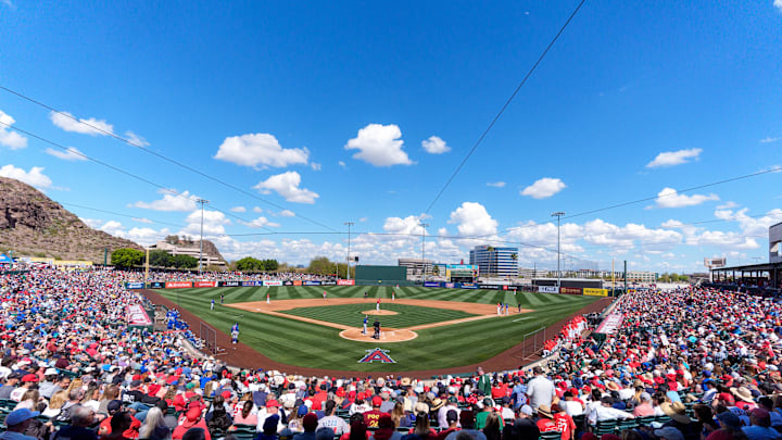 Mar 16, 2024; Tempe, Arizona, USA; A general view of fans watching on in the early inning during a spring training game between the Chicago Cubs and Los Angeles Angels at Tempe Diablo Stadium. Mandatory Credit: Allan Henry-Imagn Images Mar 16, 2024; Tempe, Arizona, USA; A general view of fans watching on in the early inning during a spring training game between the Chicago Cubs and Los Angeles Angels at Tempe Diablo Stadium. Mandatory Credit: Allan Henry-Imagn Images