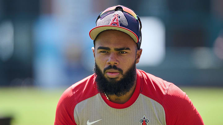 Jun 15, 2024; San Francisco, California, USA; Los Angeles Angels infielder Luis Rengifo (2) warms up on the field before the game between the San Francisco Giants and the Los Angeles Angels at Oracle Park. Mandatory Credit: Robert Edwards-Imagn Images