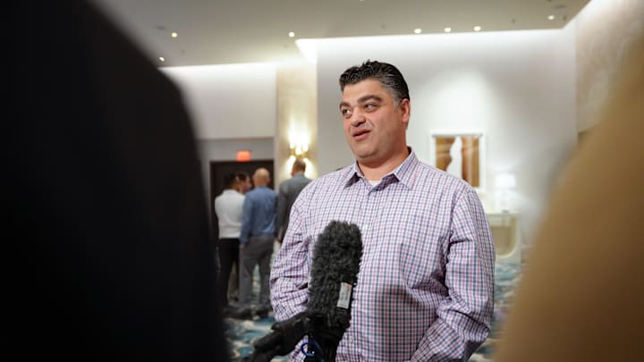 Nov 8, 2022; Las Vegas, NV, USA; Los Angeles Angels general manager Perry Minasian answers questions to the media during the MLB GM Meetings at The Conrad Las Vegas. Mandatory Credit: Lucas Peltier-Imagn Images