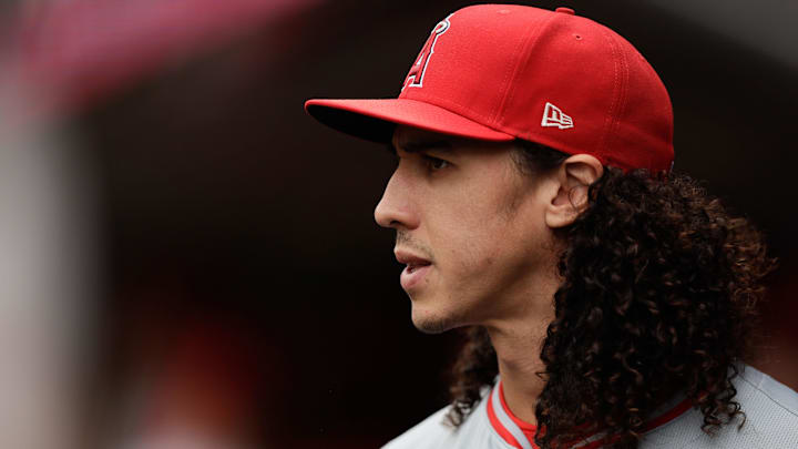 Jun 1, 2024; Seattle, Washington, USA; Los Angeles Angels third base Cole Tucker (8) looks out from the dugout before playing the Seattle Mariners at T-Mobile Park. Mandatory Credit: John Froschauer-Imagn Images