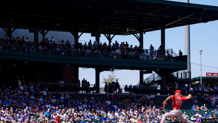 Feb 27, 2025; Mesa, Arizona, USA; Los Angeles Angels pitcher Caden Dana (36) comes in to start in the first inning during a spring training game against the Chicago Cubs at Sloan Park. Mandatory Credit: Allan Henry-Imagn Images