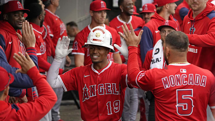 Mar 30, 2025; Chicago, Illinois, USA; Los Angeles Angels outfielder Kyren Paris (19) celebrates his home run against the Chicago White Sox during the eighth inning at Guaranteed Rate Field. Mandatory Credit: David Banks-Imagn Images Mar 30, 2025; Chicago, Illinois, USA; Los Angeles Angels outfielder Kyren Paris (19) celebrates his home run against the Chicago White Sox during the eighth inning at Guaranteed Rate Field. Mandatory Credit: David Banks-Imagn Images