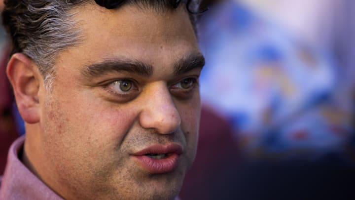 Nov 7, 2023; Scottsdale, AZ, USA; Los Angeles Angels general manager Perry Minasian speaks to the media during the MLB General Manager's Meetings at Omni Scottsdale Resort & Spa. Mandatory Credit: Mark J. Rebilas-Imagn Images