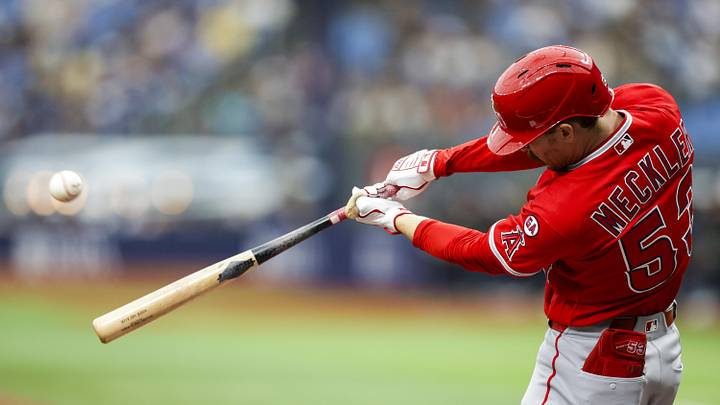 May 30, 2026; St. Petersburg, Florida, USA; Los Angeles Angels left fielder Wade Meckler (53) hits a grand slam against the Tampa Bay Rays in the first inning at Tropicana Field. Mandatory Credit: Nathan Ray Seebeck-Imagn Images May 30, 2026; St. Petersburg, Florida, USA; Los Angeles Angels left fielder Wade Meckler (53) hits a grand slam against the Tampa Bay Rays in the first inning at Tropicana Field. Mandatory Credit: Nathan Ray Seebeck-Imagn Images