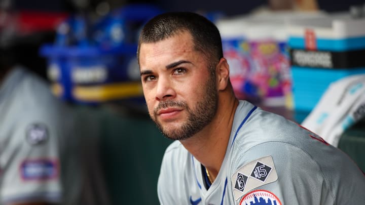 Sep 30, 2024; Atlanta, Georgia, USA; New York Mets starting pitcher Joey Lucchesi (47) in the dugout against the Atlanta Braves in the second inning at Truist Park. Mandatory Credit: Brett Davis-Imagn Images