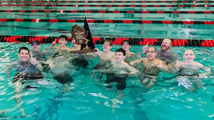 The Middleton High School swim team celebrates in the pool after winning the WIAA Division 1 boys state swimming and diving championships at Waukesha South, Saturday, February 22, 2025. The Middleton High School swim team celebrates in the pool after winning the WIAA Division 1 boys state swimming and diving championships at Waukesha South, Saturday, February 22, 2025.